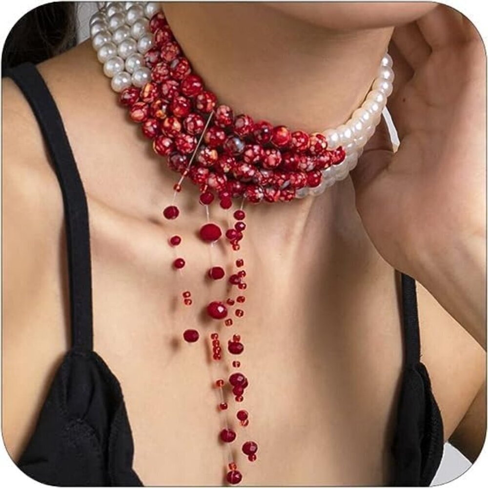 Women Pearl Choker Necklace Gothic Blood Faux Layered Victorian Jewelry